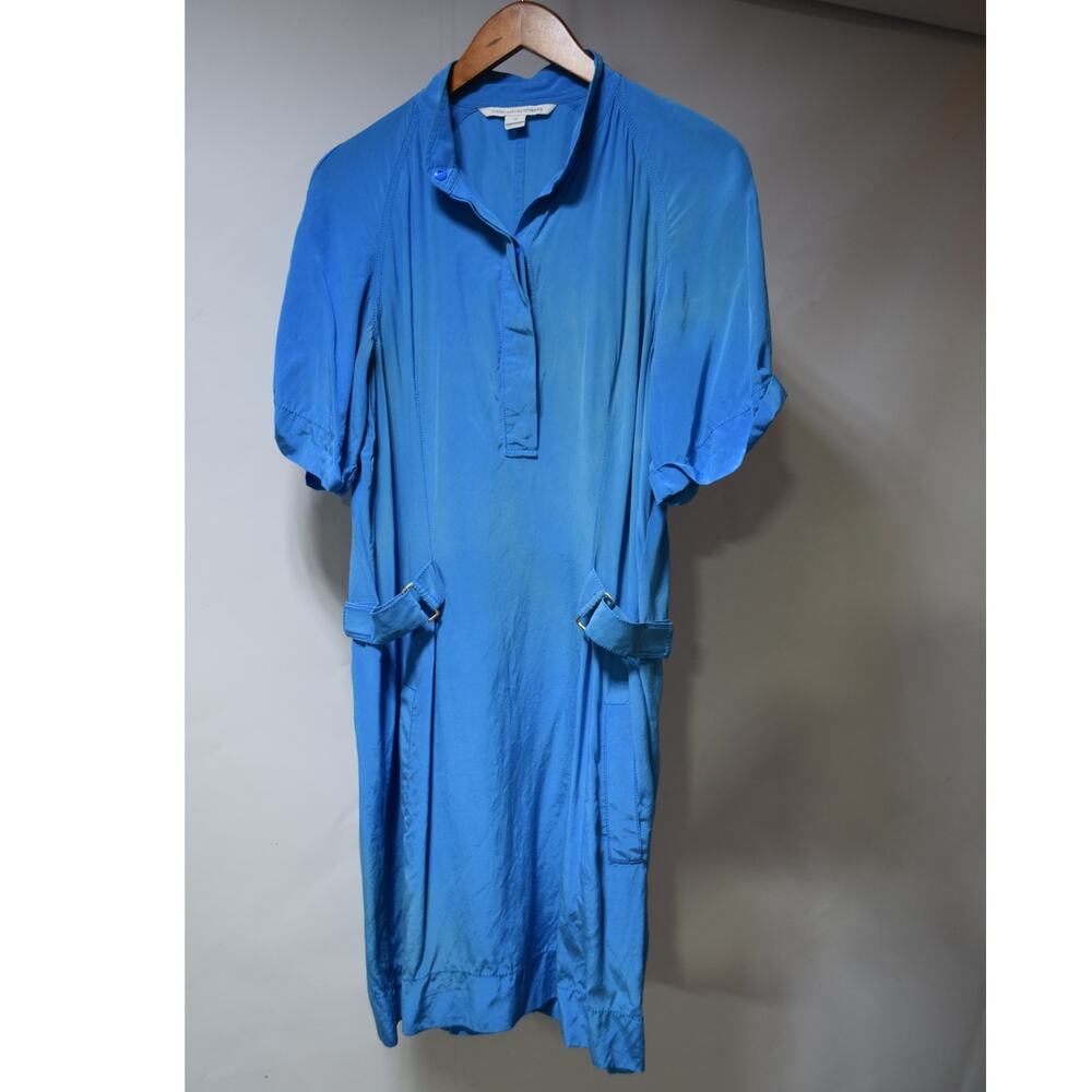 Diane von Furstenberg DVF Blue 100% Silk Utility Shirt Dress Size 12